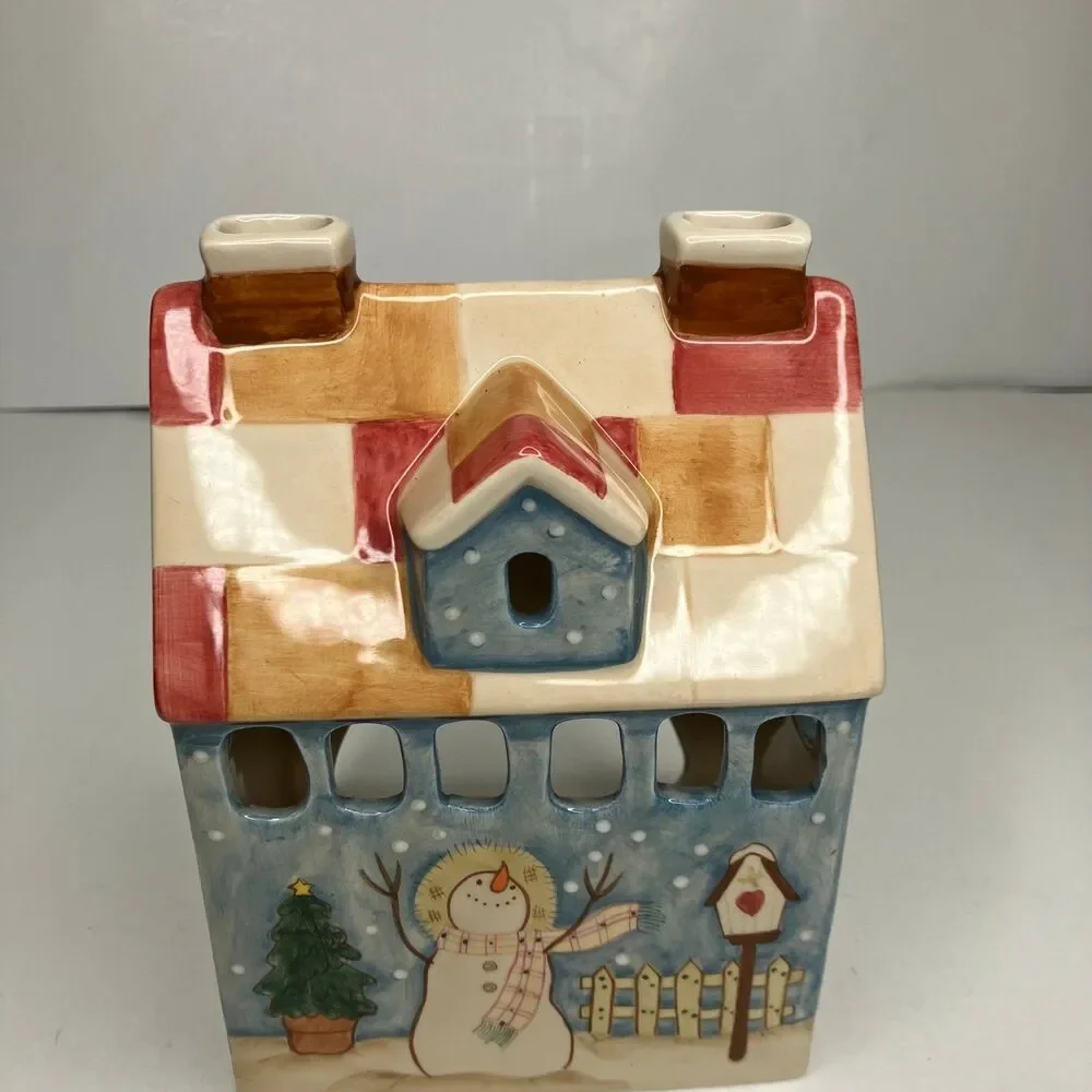 Snowman Tea Light Votive Ceramic House Holiday Decor Christmas